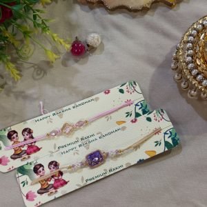 Premium rakhi cards with clover and lilac beaded pendants